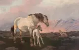 Elisabeth Sinding, Hoppe med føll og ulv i fjellandskap, Olje på lerret