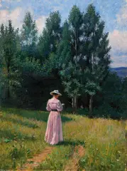 Eivind Nielsen, Lesende kvinne i sommerlandskap, 1896, Olje på lerret