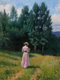Eivind Nielsen, Lesende kvinne i sommerlandskap, 1896, Olje på lerret