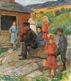 Ungdom og felespiller by Thorolf Holmboe, Olje på lerret, sold Nov 2009
