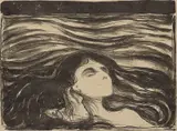 Edvard Munch, På kjærlighetens bølger, Litografi trykket i svart på tynt grågrønt papir