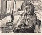 Edvard Munch, Selvportrett ved vinen, Litografi trykket i svart på middels tynt