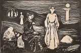 Edvard Munch, Kvinner på stranden, Tresnitt trykket i svart på tynt gulhvitt papir