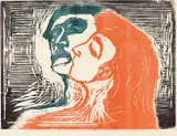 Edvard Munch, Hode ved hode, Fargetresnitt trykket i gråsvart, blått og rødt
