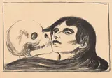 Edvard Munch, Dødskyss, Litografi trykket i svart på middels tynt beige