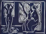 Tre generasjoner by Kai Fjell, Linoleumssnitt, lysmål, sold Jun 2009
