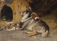 Karl Uchermann, Elghund med valper, 1894, Olje på lerret