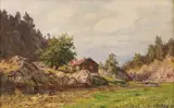 Fredrik Borgen, Elvelandskap med småbruk, 1884, Olje på lerret