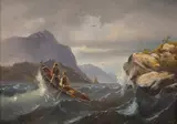 Gustav Adolph Mordt, To roende menn i fjordlandskap, Olje på lerret