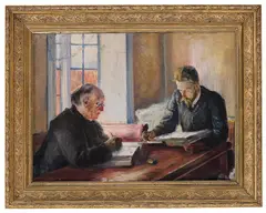 Eyolf Soot, Interiør med to skrivende menn, Olje på lerret