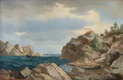 Edvard Skari, Kystlandskap med seilbåter, 1869, Olje på lerret