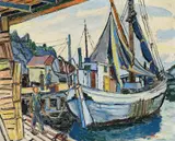 Reidar Fritzvold, Fiskevær med folkeliv, 1953, Olje på plate