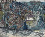 Jakob Weidemann, Landskap med hvitt hus, 1955, Olje på plate