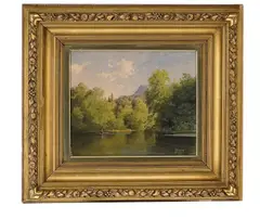 Johan Fredrik Eckersberg, Sommerlandskap med mann i robåt, 1866, Akvarell og pastell på papir, lysmål
