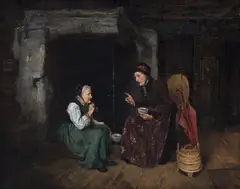 Johanne Mathilde Dietrichson, To kvinner ved grue, 1878, Olje på lerret