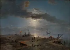Havneparti i måneskinn by Morten Müller, 1857, Olje på lerret, sold May 2009
