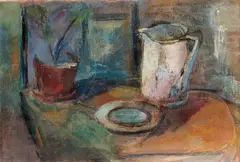 Ludvig Karsten, Oppstilling med kanne, fat og blomsterpotte, 1913, Olje på lerret