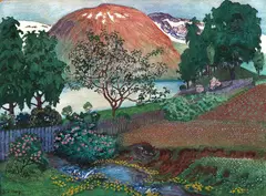 Nikolai Astrup, Juninatt i hagen, Tresnitt med håndkolorering på papir, oppklebet på