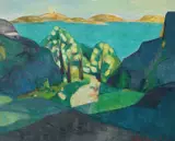 Thorbjørn Lie-Jørgensen, Sol over Nødingen, 1952, Olje på lerret