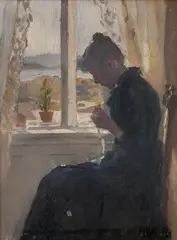 Signe Scheel, Sara ved vinduet, Olje på mahogniplate
