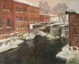 Fabrikker i sne, Akerselven by Frits Thaulow, Olje på lerret, sold Nov 2008