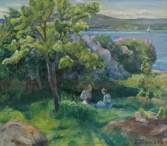 Severin Grande, Kvinne og barn i sommerlandskap, 1919, Olje på lerret