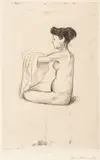 Edvard Munch, Kvinne som tar linnetet på, Radering trykket i svart på tykt gulhvitt papir