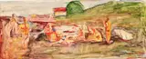 Edvard Munch, Utkast til Forskerne/Alma Mater Badescene, Blyant og akvarell på tykt gulhvitt papir