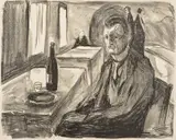 Edvard Munch, Selvportrett ved vinen, Litografi trykket i svart på middels tykt gulhvitt