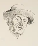 Edvard Munch, Selvportrett med hatt I, Litografi trykket i svart på tynt gulhvitt papir