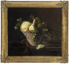 Frants Diderik Bøe, Stilleben med grønnsakskurv og fisk, 1842, Olje på lerret