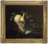 Frants Diderik Bøe, Stilleben med grønnsakskurv og fisk, 1842, Olje på lerret
