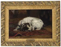 Eilif Peterssen, Hvilende pointer i interiør, 1887, Olje på mahogniplate