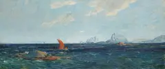 Thorolf Holmboe, Nordlandsbåt i kystlandskap, 1896, Olje på lerret