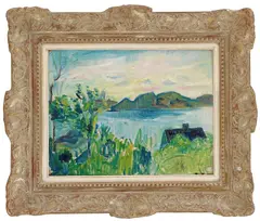 Thorvald Erichsen, Kystlandskap med hus, 1923, Olje på plate