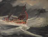 Einar Berger, Fiskebåt i opprørt sjø, Olje på lerret