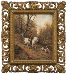 Peter Nicolai Arbo, Rytter med jakthunder, 1884, Olje på mahogniplate