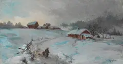Kvinne og barn med kjelke i vinterlandskap by Nils Bergslien, Olje på lerret, sold May 2008