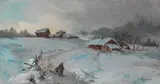 Nils Bergslien, Kvinne og barn med kjelke i vinterlandskap, Olje på lerret