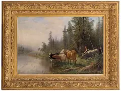 Anders Askevold, Norsk skogslandskap med kyr, 1889, Olje på lerret