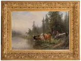 Anders Askevold, Norsk skogslandskap med kyr, 1889, Olje på lerret