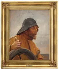 Michael Ancher, Sjømann med sydvest til rors, Olje på plate