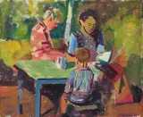Thoralf Gjesdal, Sittende gutter ved bord, 1956, Olje på lerret