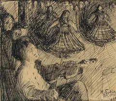 Halfdan Egedius, Spillemand og tremandsdans, 1895, Blyant og tusj på papir, lysmål