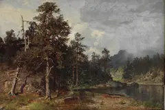 Skogslandskap med robåt og fugler by Morten Müller, 1888, Olje på lerret, sold Dec 2007
