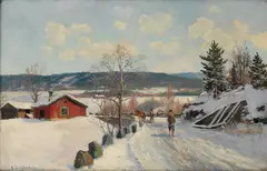 Andreas Singdahlsen, Vinterlandskap med gårdsbruk og folkeliv, Olje på lerret