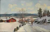 Andreas Singdahlsen, Vinterlandskap med gårdsbruk og folkeliv, Olje på lerret