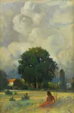 Kvinne i landskap by Thorolf Holmboe, Olje på lerret, sold Dec 2007