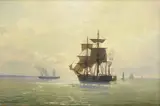 Johan Jacob Bennetter, Seilskuter og dampbåter, 1877, Olje på lerret