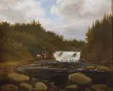 Peder Balke, Landskap med sag og fossestryk, 1840, Olje på lerret